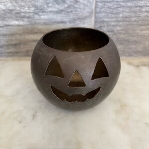 Vintage Solid Brass Pumpkin Jack-O-Lantern Votive Candle Holder 3”